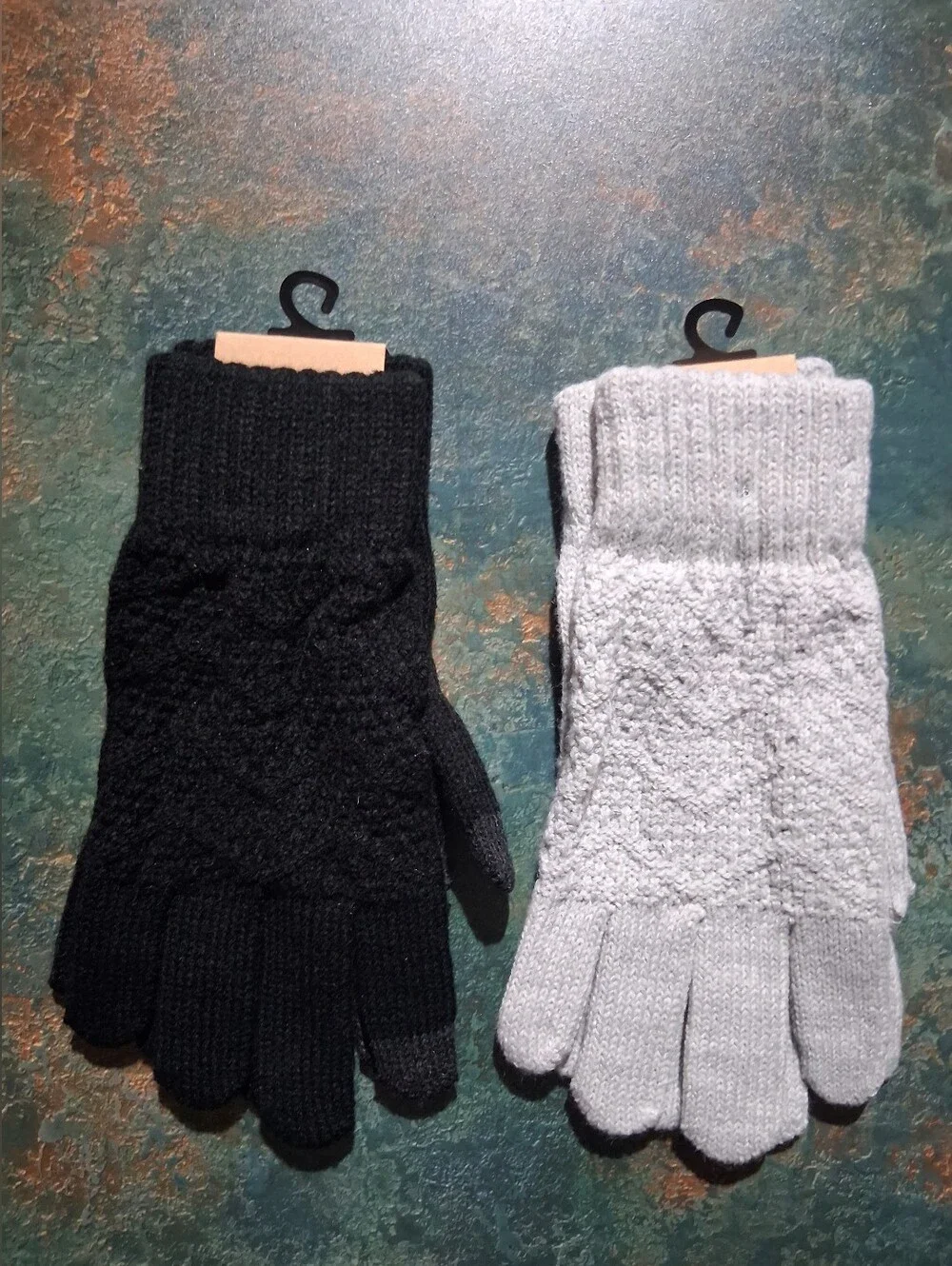BearPaw Two-Pack Texture Knit Touchscreen Gloves - Black & Light Gray